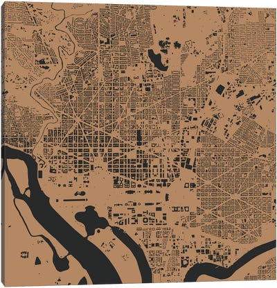 Washington D.C. Urban Map (Gold) Canvas Art Print - Washington DC Maps