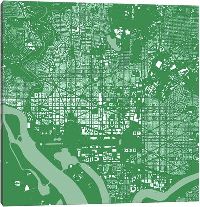 Washington D.C. Urban Map (Green) Canvas Art Print - Washington DC Maps