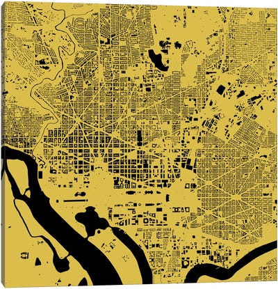 Washington D.C. Urban Map (Yellow) Canvas Art Print - Urban Maps