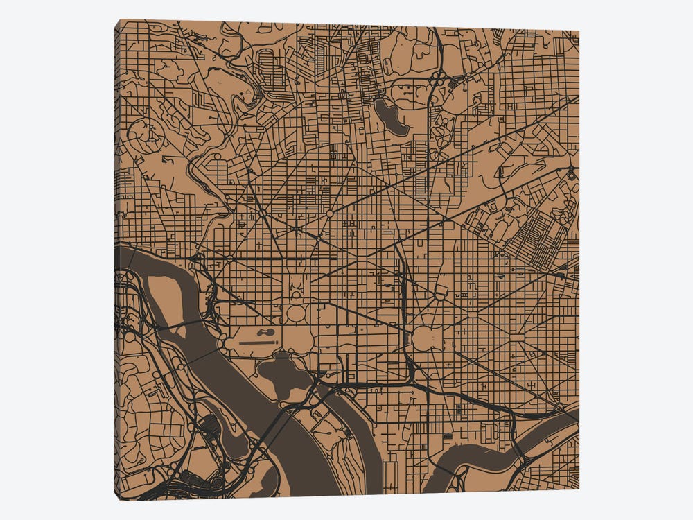 Washington D.C. Urban Roadway Map (Gold) by Urbanmap 1-piece Canvas Art Print