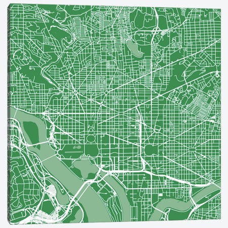 Washington D.C. Urban Roadway Map (Green) Canvas Print #ESV433} by Urbanmap Canvas Artwork