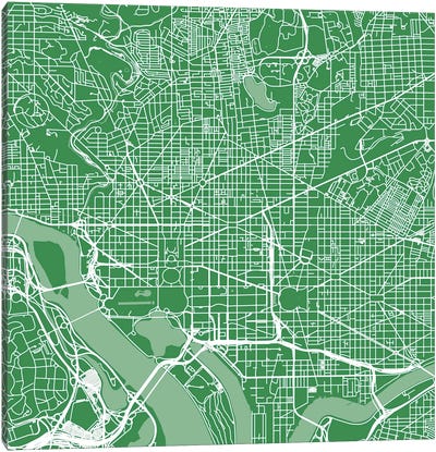 Washington D.C. Urban Roadway Map (Green) Canvas Art Print - Washington DC Maps