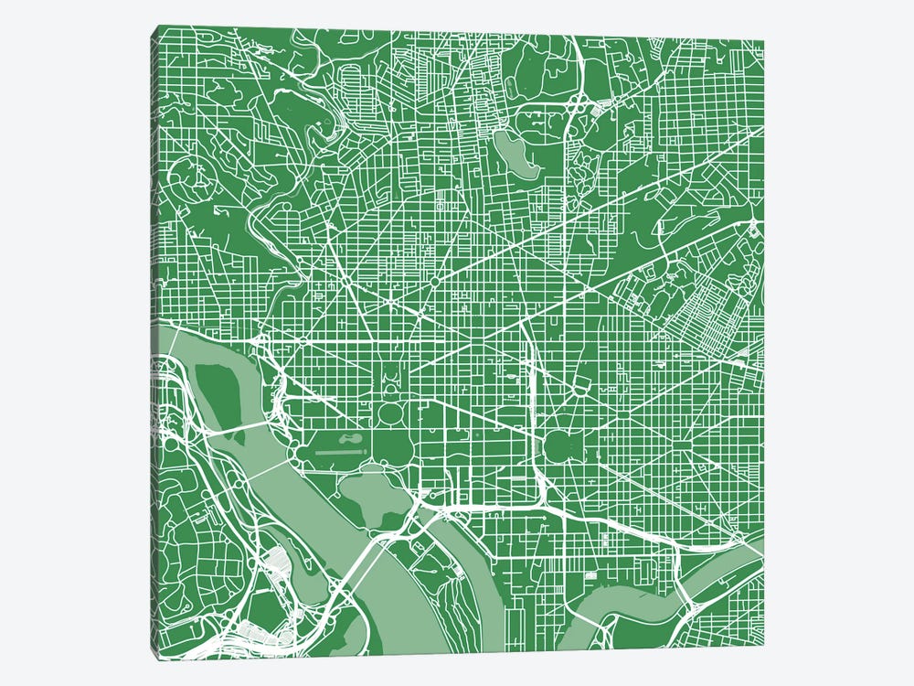 Washington D.C. Urban Roadway Map (Green) by Urbanmap 1-piece Canvas Wall Art