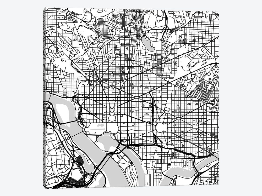 Washington D.C. Urban Roadway Map (White) by Urbanmap 1-piece Canvas Art