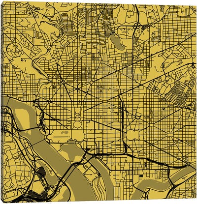 Washington D.C. Urban Roadway Map (Yellow) Canvas Art Print - Washington DC Maps