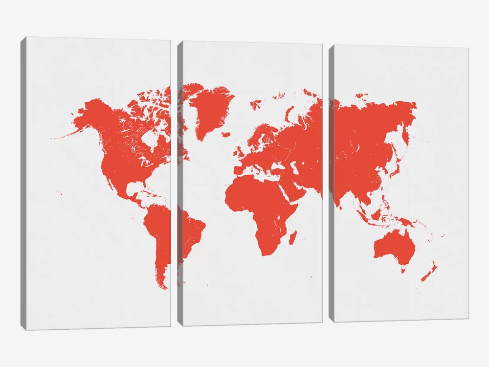 World Urban Map (Red) by Urbanmap 3-piece Canvas Art Print
