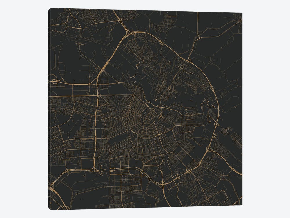Amsterdam Urban Roadway Map (Black & Gold) by Urbanmap 1-piece Canvas Art Print