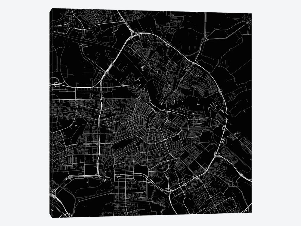 Amsterdam Urban Roadway Map (Black) by Urbanmap 1-piece Canvas Art