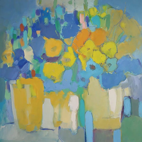 Elena Shraibman: Yellow And Bleu Flowers by Elena Shraibman