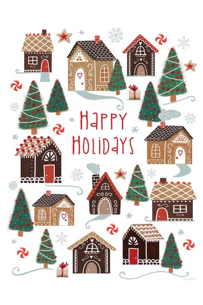 Happy Holidays Gingerbread Houses by Elizabeth Tyndall metal wall art