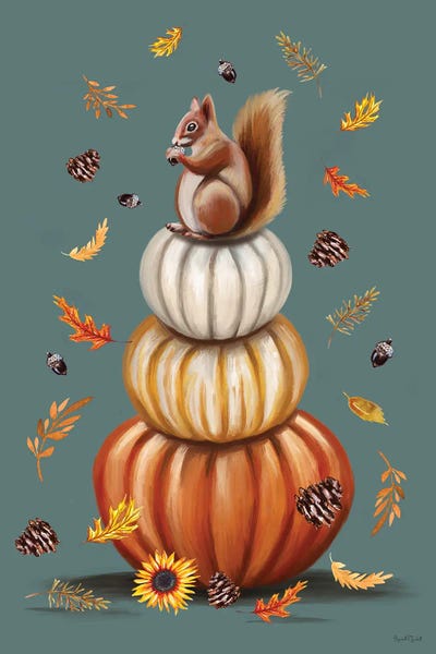 Fine Art Print: Squirrel on Pumpkin Stack by Elizabeth Tyndall