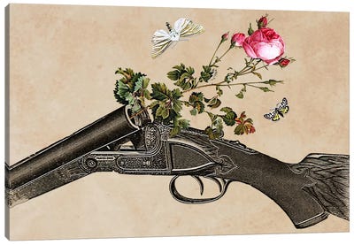 Eugenia Loli - One Gun, One Rose, Two Moths Canvas Art Print - Military Art