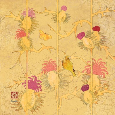Gold Finch Thistles by Evelia Designs metal wall art