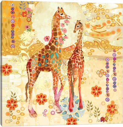 Giraffes In The Garden Canvas Art Print - Giraffe Art