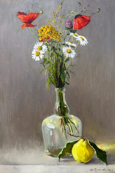 Still Life With Wildflowers And Apple II by Evgeniia Mekhova framed canvas print