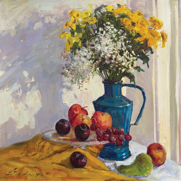Evgeniia Mekhova: Still Life With Wildflowers And Fruits II by Evgeniia Mekhova