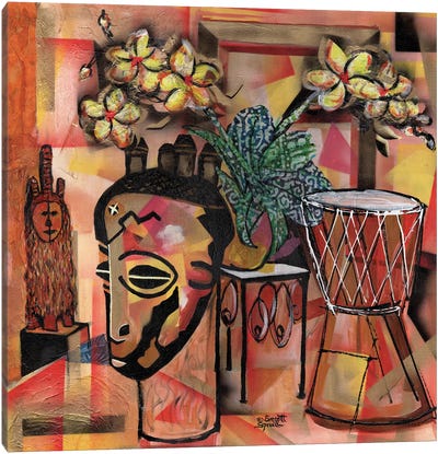 Still Life Of Orchids, Masks And Djembe Canvas Art Print - African Culture