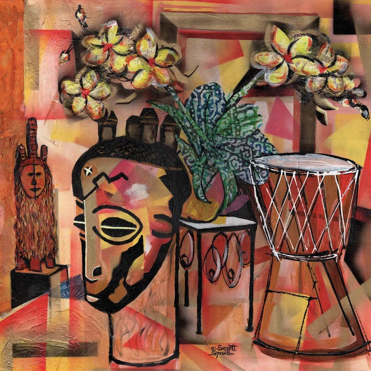 Still Life Of Orchids, Masks And Djembe by Everett Spruill wall art