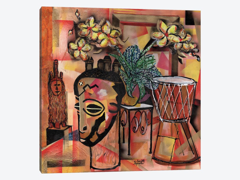 Still Life Of Orchids, Masks And Djembe by Everett Spruill 1-piece Canvas Wall Art