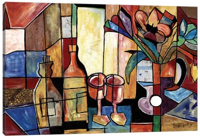 Wine And Flowers For Two - Take Two Canvas Art Print - Pottery Still Life