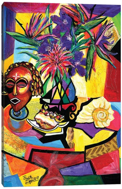 Still Life With Mask, Shell And Floral Arrangement Canvas Art Print - All Things Picasso