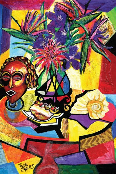 Contemporary Collage: Still Life With Mask, Shell And Floral Arrangement by Everett Spruill