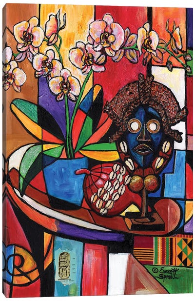 Still Life With Orchids And African Artifacts Canvas Art Print - Orchid Art