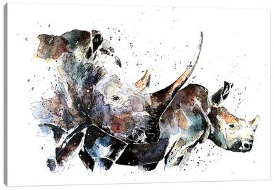 Double Trouble Rhinos Canvas Art Print - EdsWatercolours