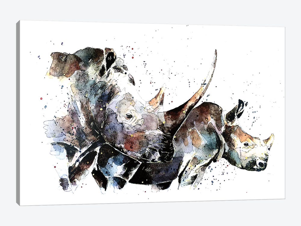 Double Trouble Rhinos by EdsWatercolours 1-piece Canvas Artwork