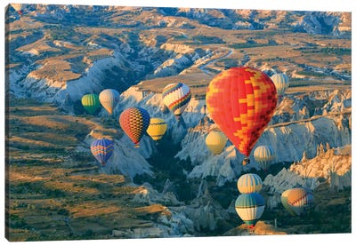 Turkey, Anatolia, Cappadocia, Goreme. Hot air balloons above Red Valley II Canvas Art Print - Hot Air Balloon Art