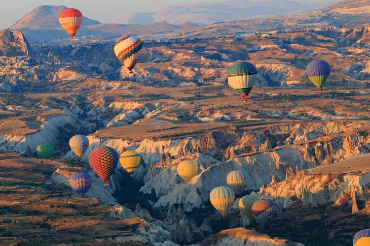 Turkey, Anatolia, Cappadocia, Goreme. Hot air balloons above Red Valley III