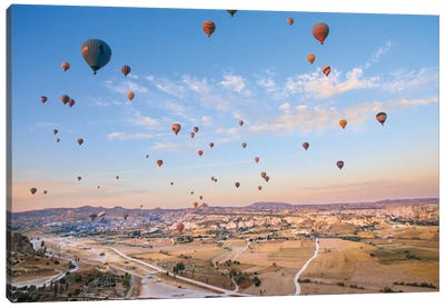 Turkey, Anatolia, Cappadocia, Goreme. Hot air balloons above Red Valley IV Canvas Art Print - Hot Air Balloon Art