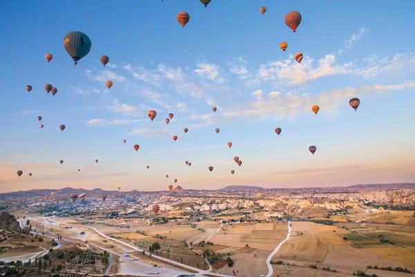 Emily Wilson: Turkey, Anatolia, Cappadocia, Goreme. Hot air balloons above Red Valley IV by Emily Wilson