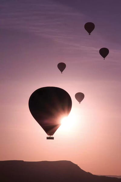 Emily Wilson: Turkey, Anatolia, Cappadocia, Goreme. Hot air balloons flying above the valley I by Emily Wilson