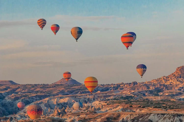 Turkey, Anatolia, Cappadocia, Goreme. Hot air balloons flying above the valley III