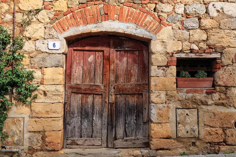 Italy, Monteriggioni. Stone wall, wooden door with planted geraniums.