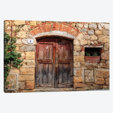 Italy, Monteriggioni. Stone wall, wooden door with planted geraniums. Canvas Print #EWI21} by Emily Wilson Canvas Wall Art