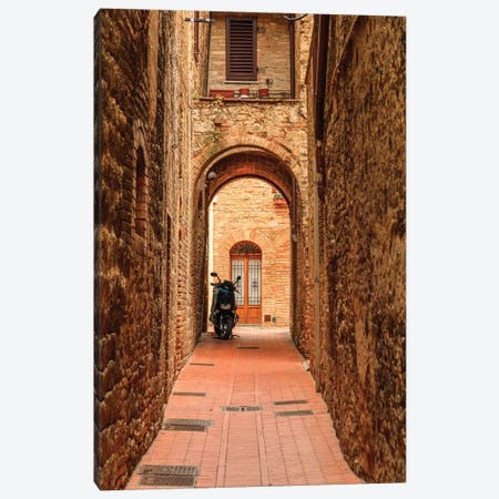 Italy, San Gimignano. Alleyway with motorbike. Canvas Print #EWI23} by Emily Wilson Canvas Wall Art