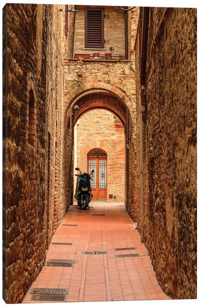 Italy, San Gimignano. Alleyway with motorbike. Canvas Art Print
