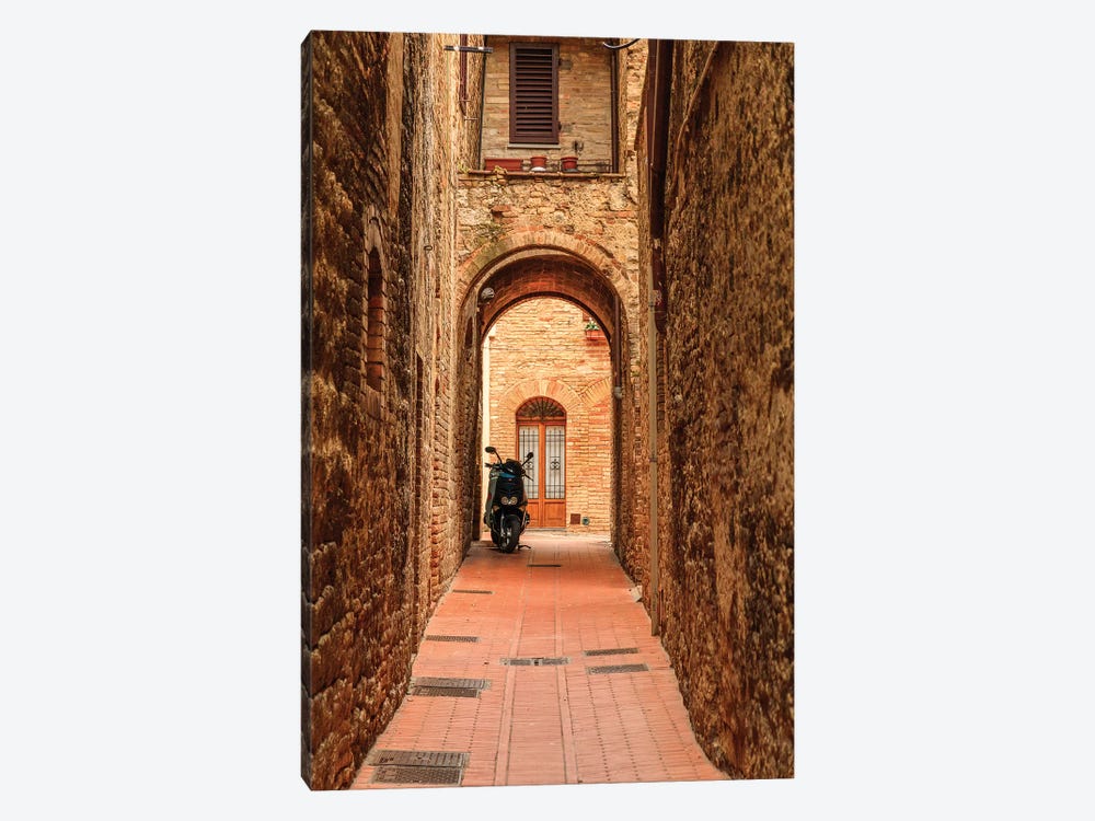 Italy, San Gimignano. Alleyway with motorbike. by Emily Wilson 1-piece Canvas Art Print