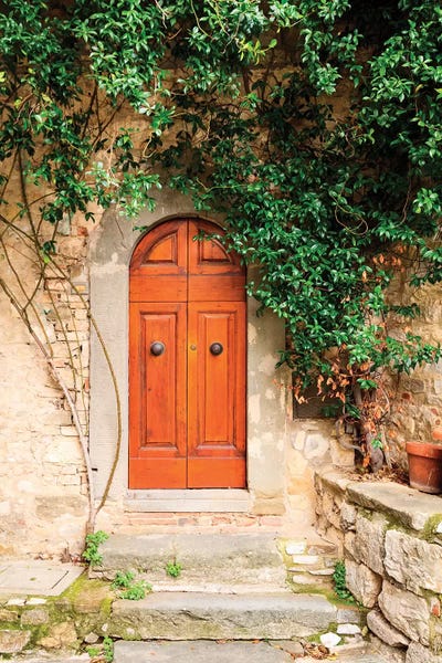 Italy, Tuscany, Greve in Chianti. Chianti vineyards. Stone farm house entrance door.
