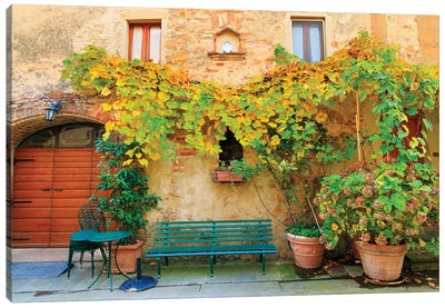 Italy, Tuscany, province of Siena, Chiusure. Hill town. Fall colors and park bench. Canvas Art Print