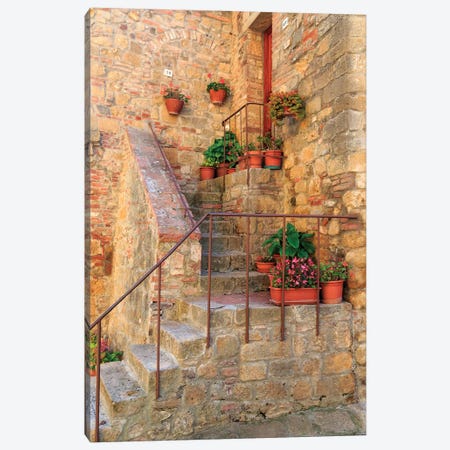 Italy, Val d'Orcia in Tuscany, province of Siena, Monticchiello. Stairs with potted flowers. Canvas Print #EWI30} by Emily Wilson Canvas Art Print