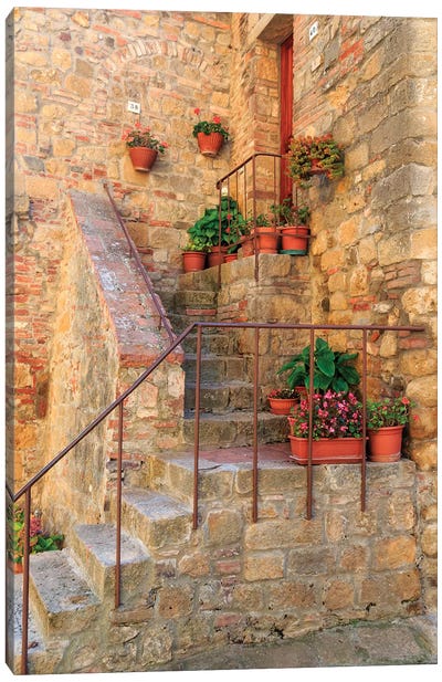 Italy, Val d'Orcia in Tuscany, province of Siena, Monticchiello. Stairs with potted flowers. Canvas Art Print
