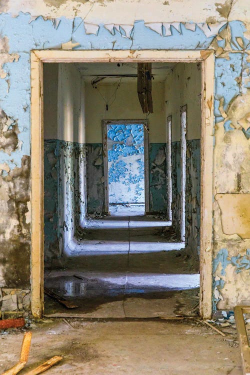 Ukraine, Pripyat, Chernobyl. Abandoned corridor of hospital building.