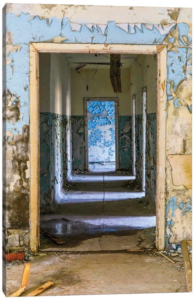 Ukraine, Pripyat, Chernobyl. Abandoned corridor of hospital building. Canvas Art Print