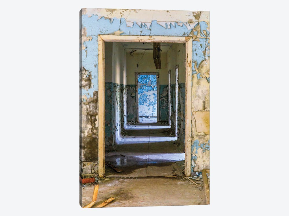 Ukraine, Pripyat, Chernobyl. Abandoned corridor of hospital building. 1-piece Canvas Print