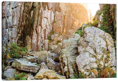Sweden, Bohuslan Province. Path through wedged rocks near Uddevalla. Canvas Art Print