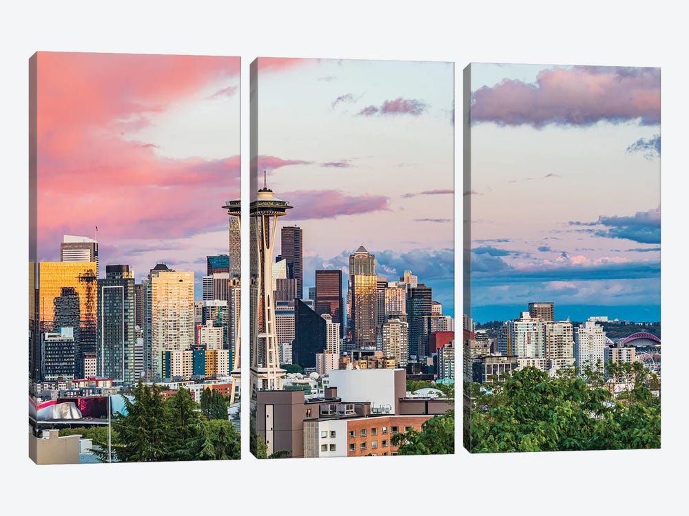 Seattle, Washington State, USA. Downtown Seattle At Sunset On A Summer Day. by Emily Wilson 3-piece Canvas Print