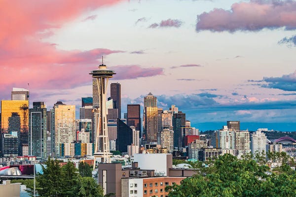 Emily Wilson: Seattle, Washington State, USA. Downtown Seattle At Sunset On A Summer Day. by Emily Wilson